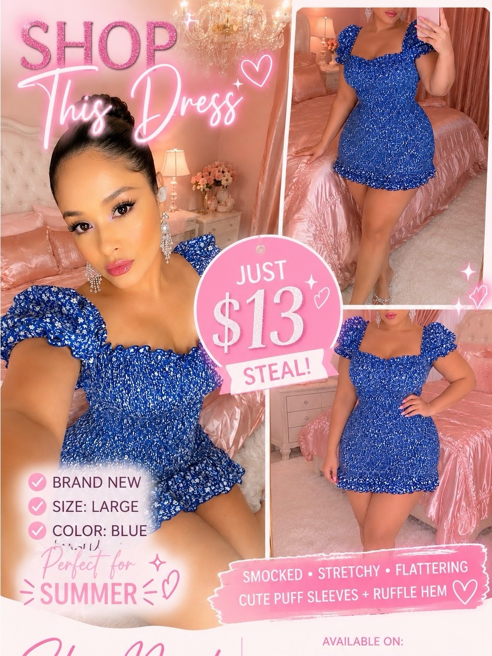 SHEIN Royal Blue Smocked Puff Sleeve Mini Dress